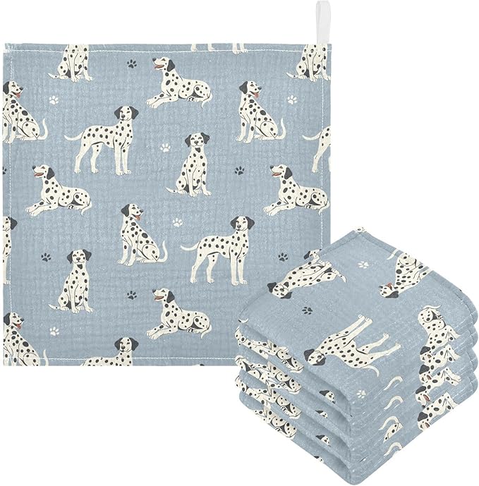 Baby Dalmatian Dogs Msulin Washcloths Newborn Face Towel - Baby Muslin Burp Cloths 5 Pack Soft Absorbent Natural Cotton Wash Towel 11.8"X11.8" Baby Bath Towels Wipes