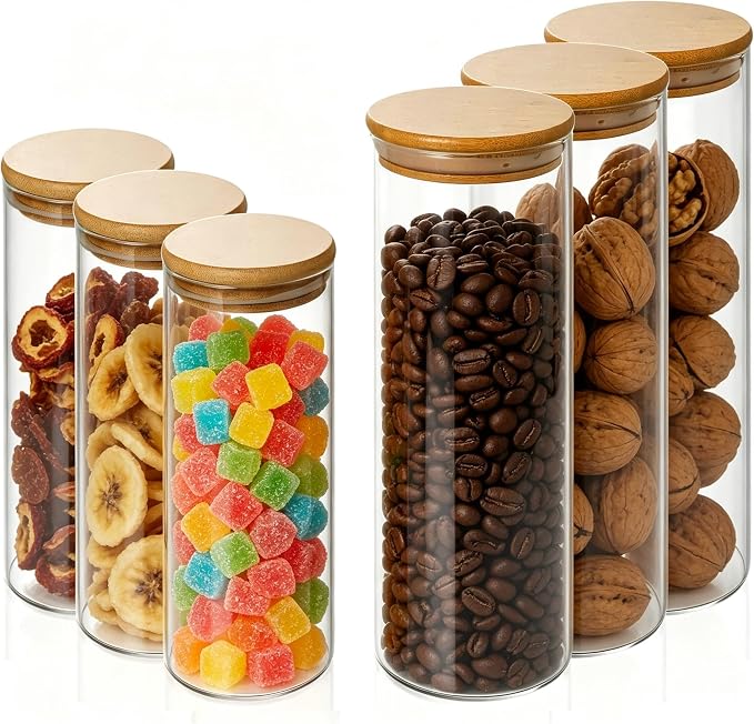 6Pack Glass Food Storage Containers with lids (1.5QT/0.8QT) | Glass Containers with Bamboo Lids for Overnight Oats, Coffee, Spices, Candies, Flour