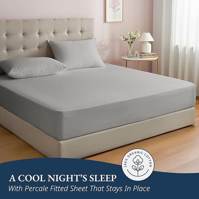LANE LINEN 100% Organic Cotton Twin Fitted Sheets, 2-Piece Set (1 Fitted Sheet, 1 Pillowcase), Percale Weave, Lightweight, Ultra Soft, Breathable, Fits Mattress Upto 15" Deep - Silver (No Flat Sheet)