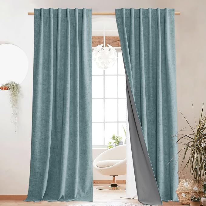 NICETOWN Skylark Blue Living Room Completely Shaded Linen Textured Draperies, 2 Pieces, W52 x L84, Privacy Protection & Noise Reducing Ring Top Drapes, White Lined Insulated Window Treatment Curtains