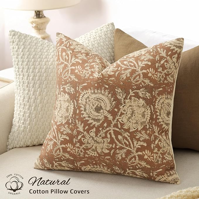 Vintage Floral Print Throw Pillow Covers 26x26 Set of 2 Neutral Modern Farmhouse Accent Decorative Cushion Covers Boho Home Decor for Couch Sofa Chair Bed Living Room, Cognac