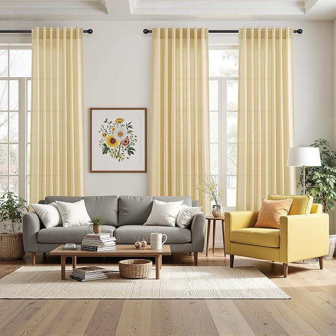 Nanspring Cream Yellow Linen Curtains 102 Inches Long for Living Room Light Filtering Modern Farmhouse Sheer Curtains Back Tab and Rod Pocket Curtain for Bedroom Office 52x102, 2 Panels