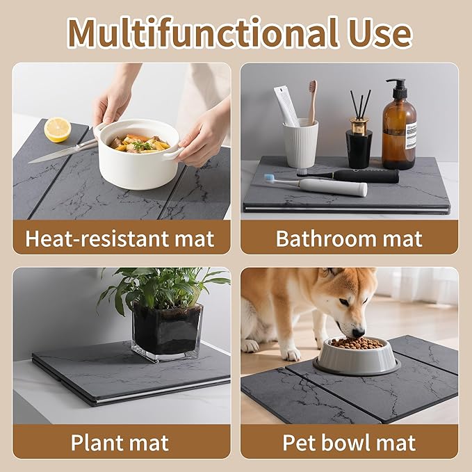 Large Quick-Dry Stone Drying Mat for Kitchen Counter, 24" × 16", Foldable Diatomaceous Earth Dish Drying Mat with PU Non-Slip Base,for Bottles Cups Dishes (Gray (3-fold), 24" × 16")