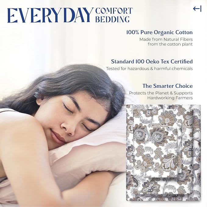 Mayfair Linen 100% Organic Cotton Printed Sheets Full Size - Percale Weave Cotton Full Size Sheet Set (4 PC, Floral Ivory), Soft & Crisp, GOTS Certified, Cooling Sheets, 16" Deep Pocket