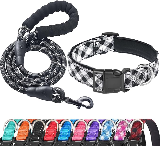 Ladoogo Reflective Dog Collar Padded with Soft Neoprene Breathable Adjustable Nylon Dog Collars for Small Medium Large Dogs (Medium (Pack of 1), Black Plaid Collar+Leash)