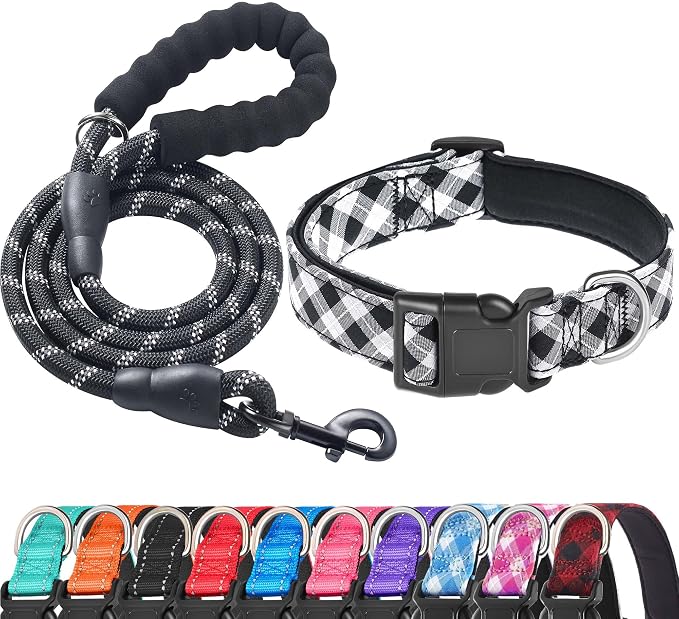 Ladoogo Reflective Dog Collar Padded with Soft Neoprene Breathable Adjustable Nylon Dog Collars for Small Medium Large Dogs (Small (Pack of 1), Black Plaid Collar+Leash)