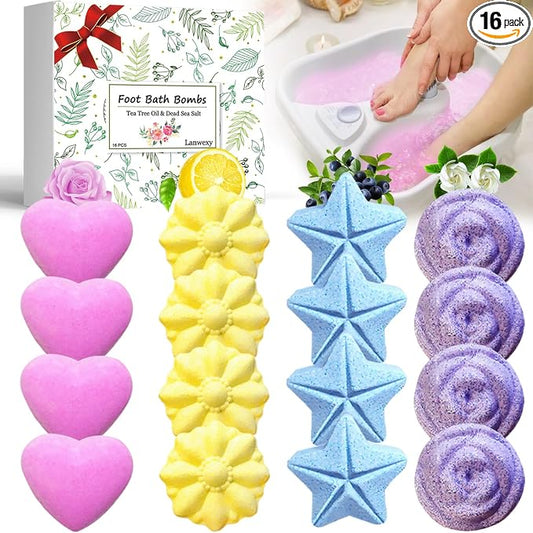 Lanwexy Bath Foot Bombs, 16 Pack Foot Soak with Bath Salt and Tea Tree Oil for Christmas. Organic Natural Handmade Aroma Pure Essential Oil Bubble Feet Balls for Foot Callus, Stubborn Feet Odor Scent.