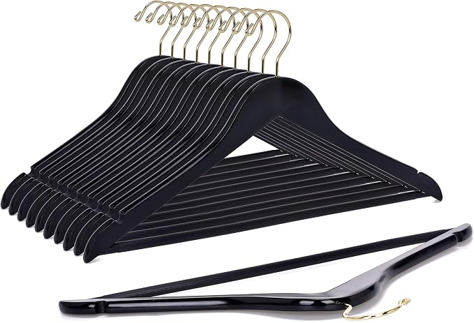 Quality Wooden Hangers - Slightly Curved Hanger 90 Pack Sets - Solid Wood Coat Hangers with Stylish Chrome Hooks - Heavy-Duty Clothes, Jacket, Shirt, Pants, Suit Hangers(Black - Gold Hook, 90)