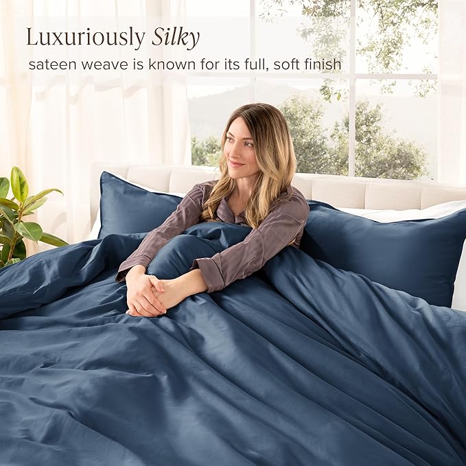 Bare Home 100% Organic Cotton Sateen Duvet Cover Set - Full/Queen Size - 400 Thread Count - Smooth Sateen Weave - Warm & Luxurious - Duvet Cover (Queen, Bering Sea)