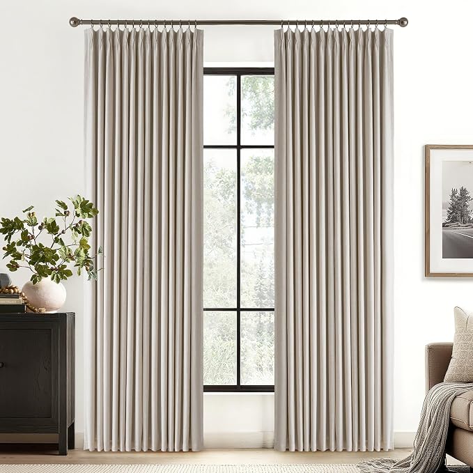RYB HOME Natural Pinch Pleated Linen Curtains, 100% Blackout Thermal Insulated Double Layer Textured Curtains for Sliding Glass Door Picture Window, Taupe, 40" W x L90 L, 2 Panels Set