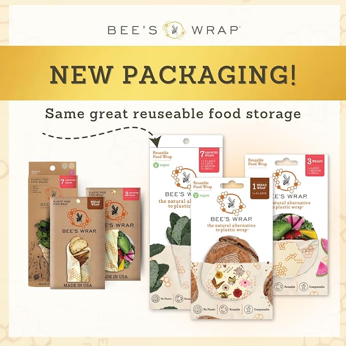 Bee's Wrap Plastic-Free Transition Kit - Beeswax Food Wraps Bundle Includes Cut to Size Honeycomb Roll, 3 Bakery Lane Prints & 3 Honeycomb Prints - Made in the USA Beeswax Reusable Wraps for Food
