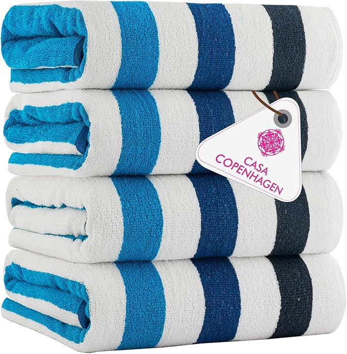 CASA COPENHAGEN Monaco Beach Towels Designed in Denmark Rough and Tough, Quick Dry, for Pool, Bath & Shower 30x60 inches 4 Pieces Cotton Beach Bath Towels Set - Multi Blue
