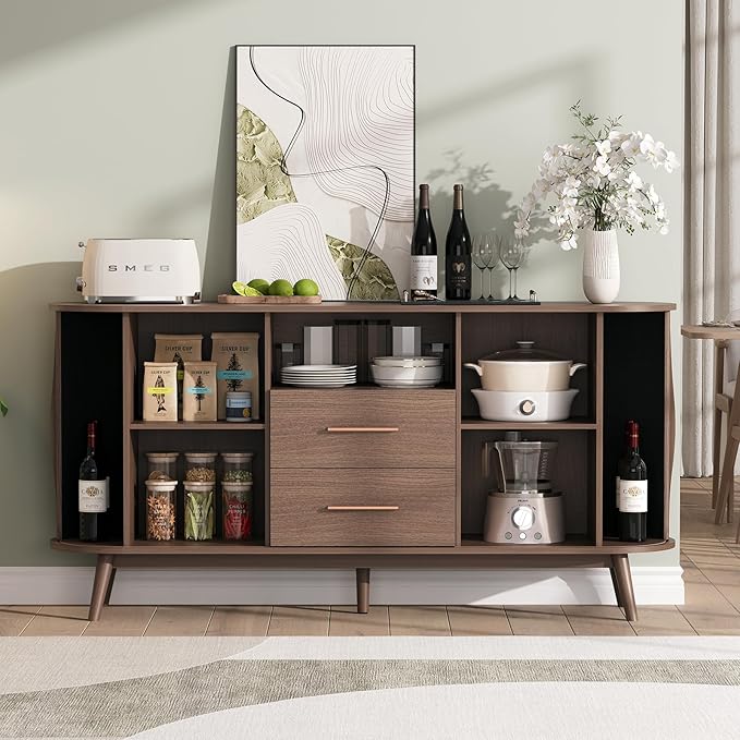 JOINICE Walnut Sideboard Buffet Cabinet with Storage for Dining Room，63" | Mid-Century Modern Storage Cabinet,2 Drawers&Fluted Sliding Doors,Solid Wood Legs,adjustable shelf,supports up to 100 lbs