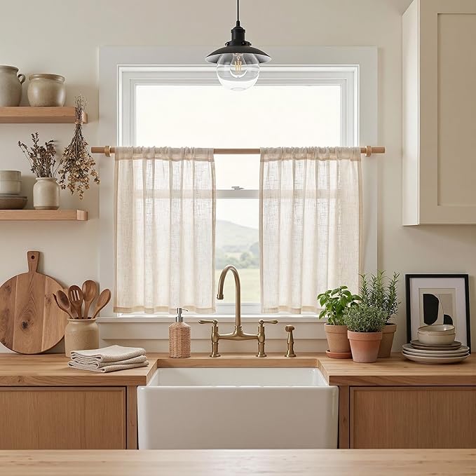 MYSKY HOME Linen Curtains 30 Inch Length for Kitchen Window, Semi Sheer Light Filtering Cafe Curtain Tiers Rod Pocket Short Country Decor Drapes for Basement/Small Window, Linen, 2 Panels, 34 x 30 in
