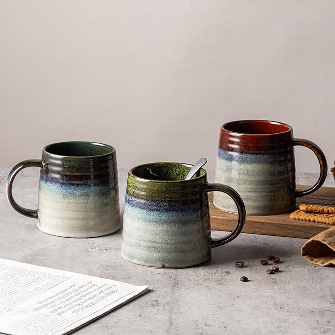 15.5 Oz Large Reactive Glaze Ceramic Mug, Heavy Weighted Stoneware Coffee Cup, Wide Base, Thick Wall Big Tea Cup with Custom Package Box, Microwave & Dishwasher Safe (Light Green)