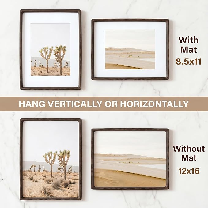 Fun Memories 12x16 Picture Frame, Natural Wenge Wood Photo Frames with HD Tempered Glass, Handcrafted Rounded Corner 12 x 16 Wooden Frames Matted to 8.5x11 Photos, Horizontal or Vertical Wall Display