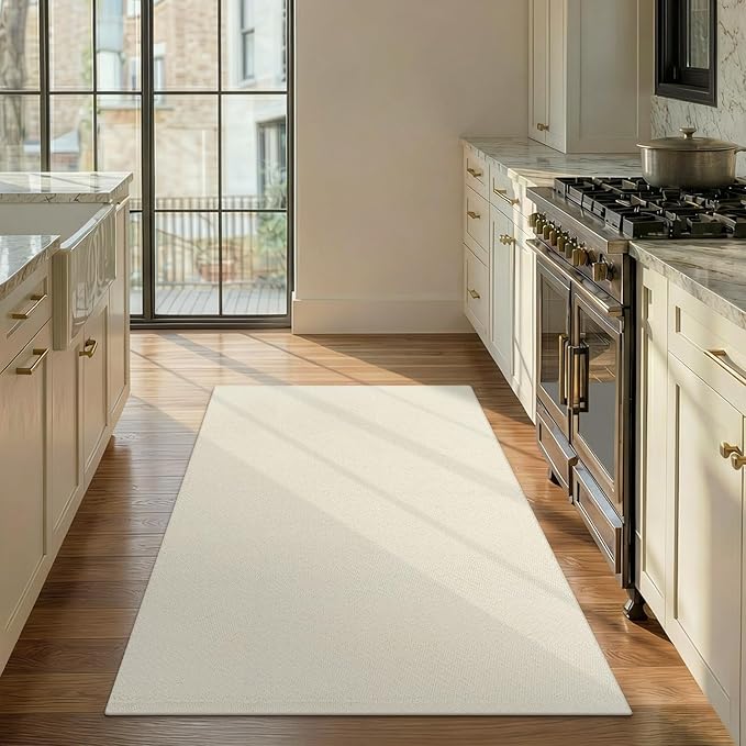LEEVAN Washable Kitchen Rugs 3x5, Cream Bedroom Rug, Cotton Woven Entryway Modern Braided Door Mat, Farmhouse Living Room Rug, Reversible Carpet for Laundry Room Front Porch Outdoor