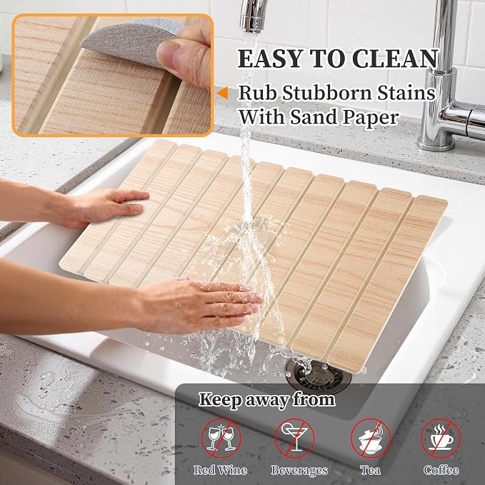 Diatomaceous Stone Drying Mat for Kitchen Counter with Sink Faucet Mat, Wooden Parrten Design Absorbent Quick Dry Dish Drying Mat Set, Diatomite Stone Slat Countertop Pad for Dishes, Cups
