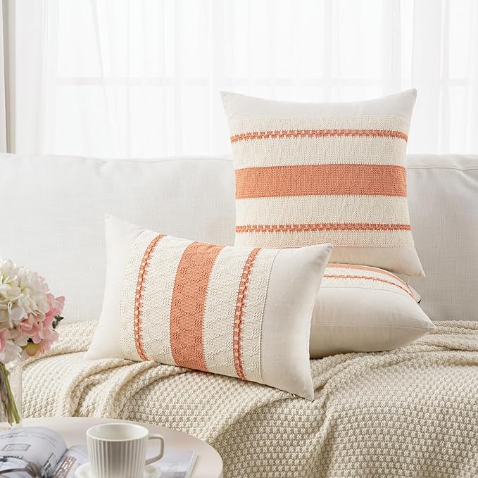 Fancy Homi Set of 1 Boho Coral Big Decorative Throw Pillow Cover 24x24 Inch for Couch Bed Bedroom, Aesthetic Modern Organic Farmhouse Room Decor, Soft Cotton Accent Macrame Woven Cushion Case
