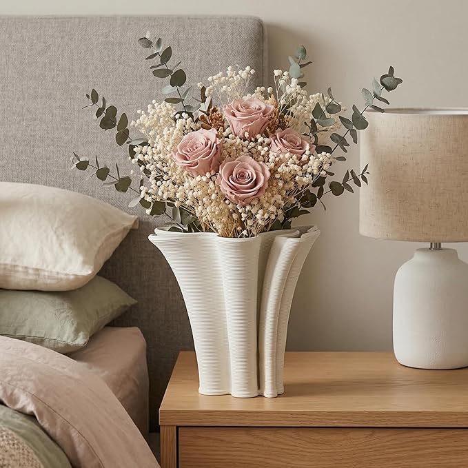 White Ceramic Vase for Home Decor, Boho Artistic Irregular Shape Decorative Vase, Unique Modern Accent for Living Room Bedroom or Entryway