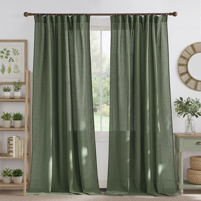NICETOWN Thick Linen Blend Semi Sheer Forest Green Curtains, Pleat Tape Privacy Added Drapes with Light Filtering Window Treatments for Bedroom/Living Room, W52 x L108, 2 Panels