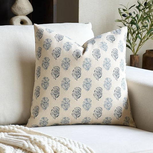 FIOUOVO Floral Vintage Throw Pillow Covers 24x24 Pillow Cover Block Print Decorative Cushion Covers Farmhouse Neutral Accent Home Décor for Sofa Couch Living Room Bedroom, 1PC, Aqua Blue