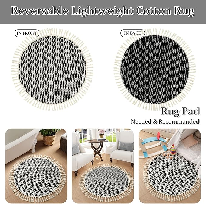 Lahome Belle Boho Black and White Round Rug 3ft, Small Circle Bathroom Kitchen Rug Lightweight Washable Rugs for Entryway with Tassels, Farmhouse Cotton Non Shedding Round Mat for Bath Dorm Bedroom