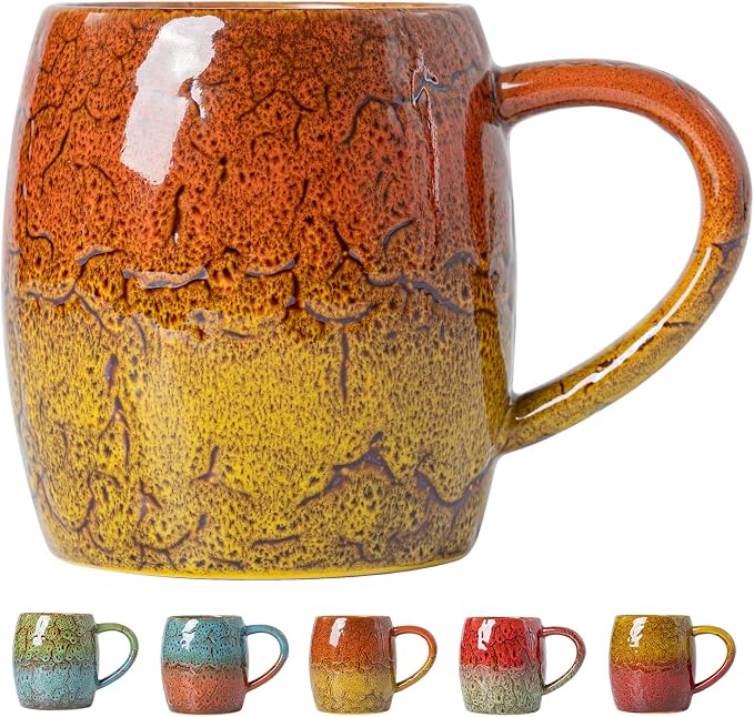 Handmade 22oz Ceramic Coffee Mug, Ergonomic Large Handle, Ideal Gift for Coffee Lovers, Microwave & Dishwasher Safe (Bas-Relief - Orange&Yellow)