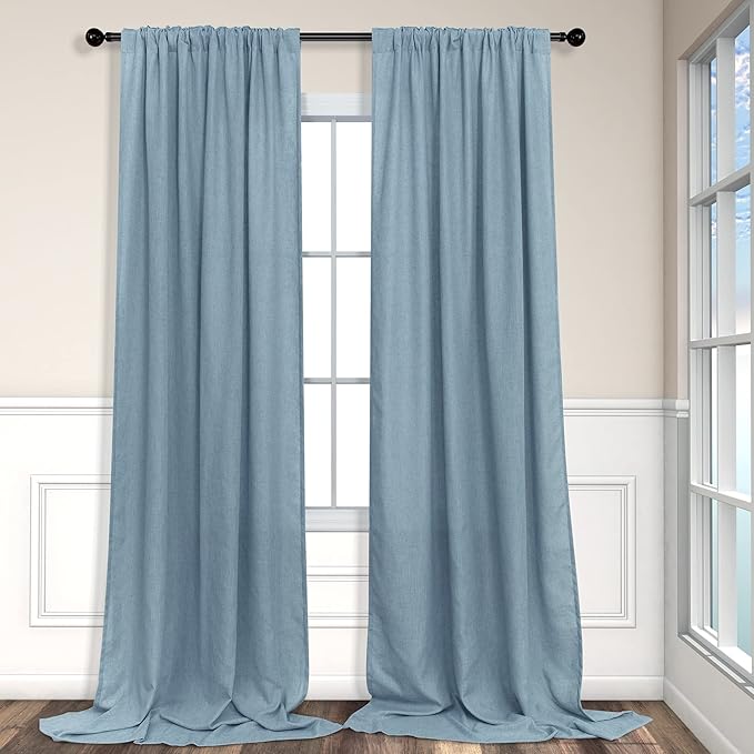 Pitalk 102 Length Curtains for Living Room Dinning 2 Panels Back Tab Pocket Light Filtering Burlap Window Drapes Stone Blue Linen Curtains 102 Inches Long for Sliding Glass Door Bedroom Grey Gray Blue