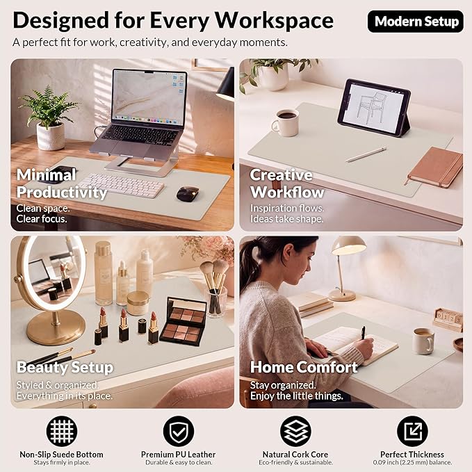 AFIING Desk Mat 23.6" x 13.7", Dual-Sided Natural Cork & PU Leather Desk Pad Protector, Waterproof Non-Slip Mouse Pad, Laptop Desk Blotter for Office, Home & Study (Beige)