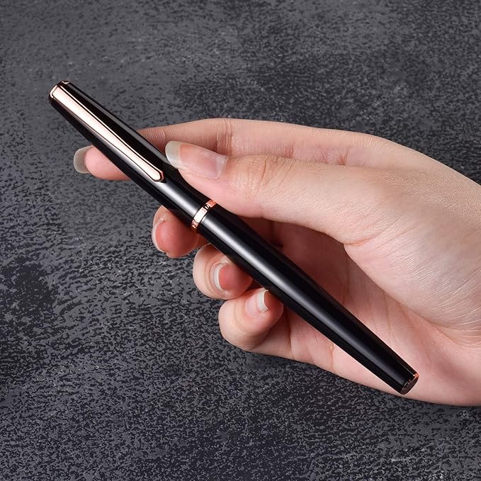 Hongdian 920 Black Metal Fountain Pen, Rose Gold Plated Medium Nib Smooth Writing Pen, Classic Pen with Ink Converter