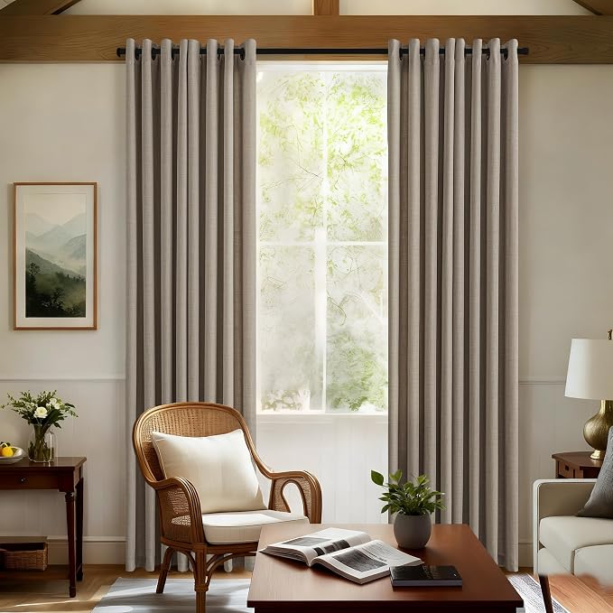 Tan Brown 86 Inch Curtains Neutral Linen Bronze Grommet Semi Sheer Non-See-Through Privacy Farmhouse Shabby Chic Farmhouse Boho Bay Window Curtains 86 Inch Long for Bedroom 2 Panels Set Taupe