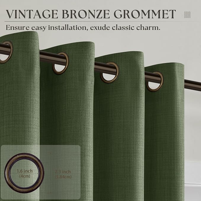 Dark Olive Green Curtains 105 Inches Long for Bedroom Living Room Ring Eyelet Semi Sheer Non See Through Privacy Burlap Linen Elegant Bohemian 105 Inch Moss Green Curtains Drapes 2 Panels Set