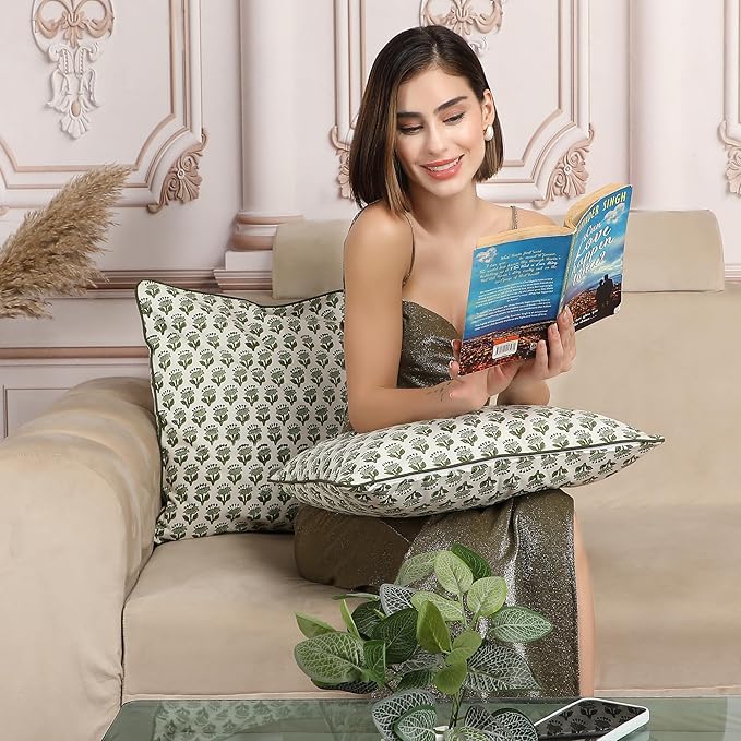 SheetKart Pure Cotton Throw Pillow Covers - Set of 2 - Hand Block Pure Cotton Printed Boho Decorative Pillow Covers - Cushion Covers for Living Room, Bohemian Theme, 18 x 18 Inches, Olive Petal