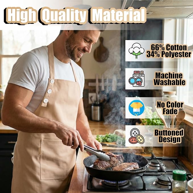 TOSHE Kitchen Apron Waterdrop Resistant Cotton Apron with adjustable Aprons for Women with Pockets 10 Color option Cooking Beige Apron(Beige)