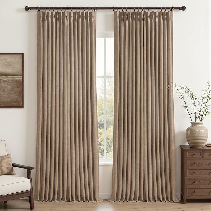 Blackout Double Layer Thick Linen Curtains 108 Inches Long for Sliding Glass Doors, Rust Brown Memory Trained Pinch Pleated Insulated Noise Reducing Elegant Window Curtain & Drapes 2 Panels 9FT Length