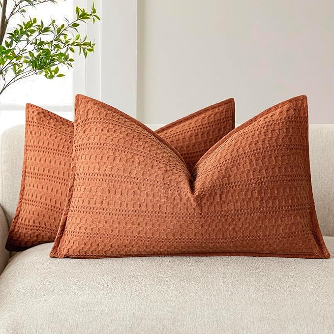 Foindtower Set of 2 Decorative Cotton Waffle Weave Lumbar Throw Pillow Covers Euro Shams Cushion Covers Accent European Pillowcase for Bed Couch Bedroom Living Room Home Decor 12×20 Inch Burnt Orange