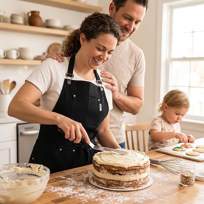 CatCora Kitchen Apron, Black, Heavyweight Cotton Canvas, Spill-Shedding Finish, Full Coverage, Fade-Safe, 3 Pockets, Unisex