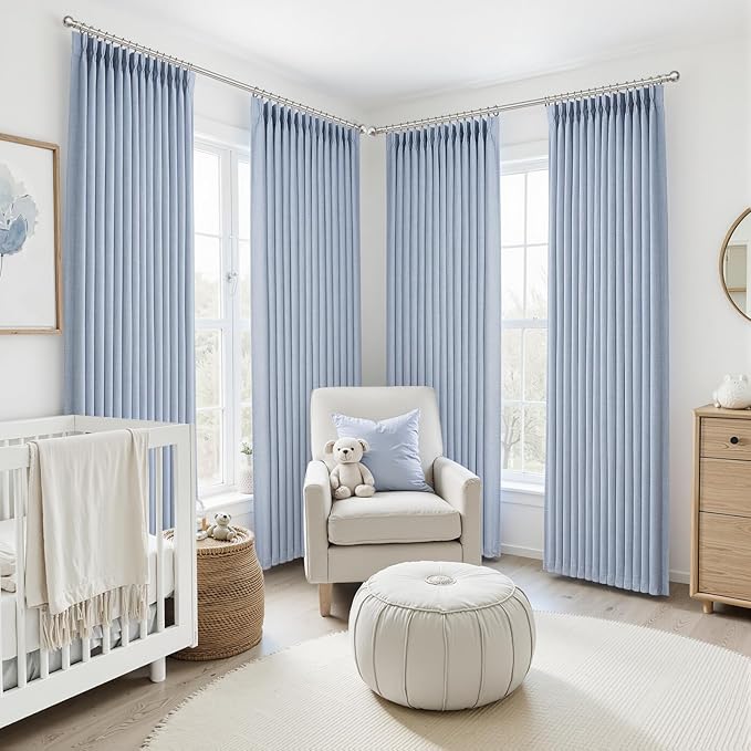 Custom Pale Blue 102 Inch Blackout Curtains for Office 2 Panels Set, Memory Shape Pinch Pleated Thermal Sound Dampening Two Layer Linen Light-Blue Energy Efficient Large Windows Drapes 8-1/2 FT Length
