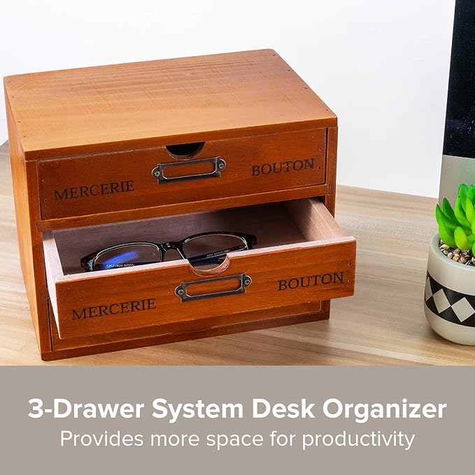 Vintage 3-Drawer Organizer for Desk - Wooden Box with 3 Storage Drawers - Solid Wood Table Top Filing Cabinet for Organization and Storage - Paper Organizer - Rustic Desk Organizers and Accessories