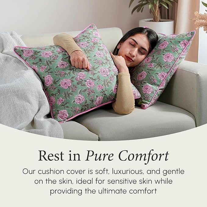 CPC 100% Cotton Throw Pillow Covers 18x18 Inch, Set of 2 Pink Block Print Pattern Couch Pillow, Cute Boho Decorative Pillows for Living Room, Bedroom with Hidden Zipper- Pink Tourmaline