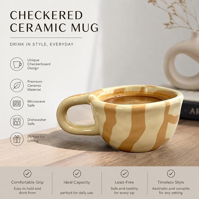 Ceramic Coffee Mug 5.7Oz Small Checkered Coffee Cups Alpine Pattern Hot Chocolate Cup Handmade Checkerboard Latte Mug Aesthetic Gift for Coffee Lovers Microwave Safe,Striped