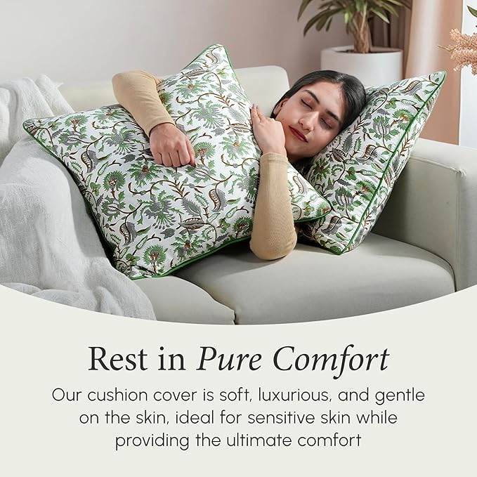 CPC 100% Cotton Throw Pillow Covers 18x18 Inch, Set of 2 Green Block Print Pattern Couch Pillow, Cute Boho Decorative Pillows for Living Room, Bedroom with Hidden Zipper- Mint Leaf