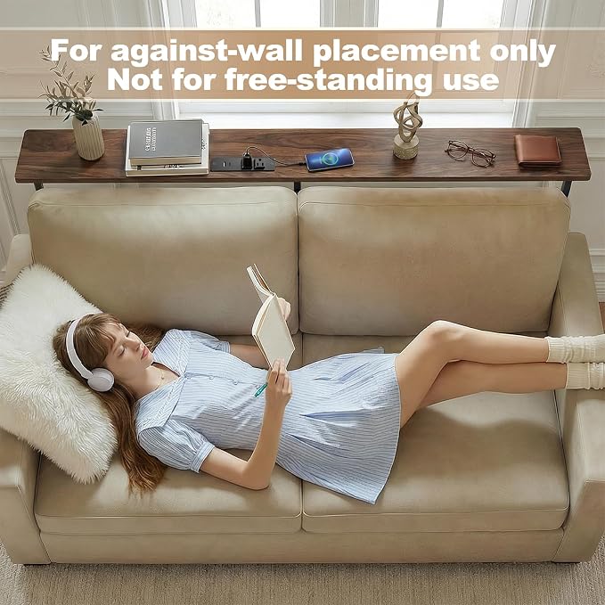 Faesun 70.9 Inch Behind Couch Table, 24"-32" Adjustable Height Range, Behind The Couch Table with Outlet, Adjustable Console Table, Narrow Long Sofa Table, for Living Room, Walnut