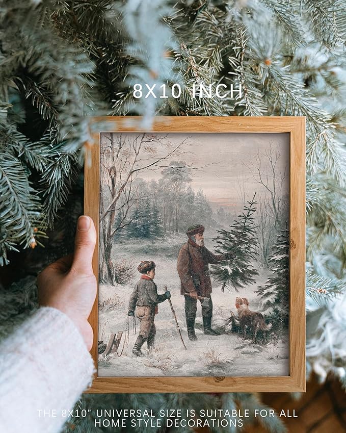 Vodefoad Vintage Christmas Wall Art Winter Landscape Painting Retro Xmas Antique Rustic Canvas Print Snowy Christmas Winter Print for Gallery Bedroom Bathroom - 8x10Inch Unframe