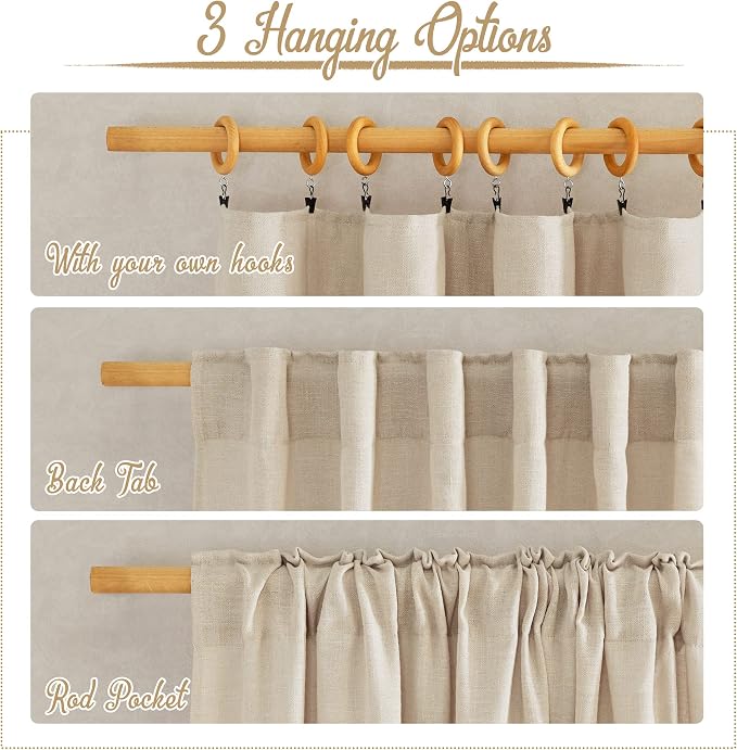 NICETOWN Natural Linen Beige Curtains for Bedroom, Rod Pocket & Back Tab Flax Linen Burlap Semi Sheer with Light Filtering Privacy Window Treatments for Living Room, W52 x L95, 2 Pieces