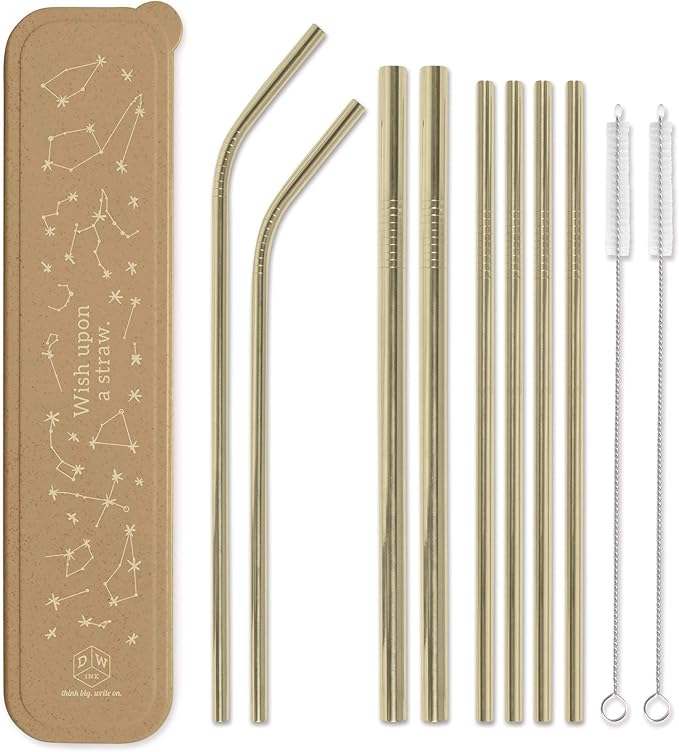 DesignWorks Ink Reusable Stainless Steel Straws with Case - Includes 2-Bendy Straws, 2-Smoothie Straws 4-Metal Straws, 2-Straw Cleaner Brushes in Gold "Wish Upon a Star" Straw Holder Travel Case