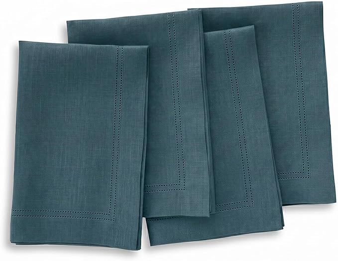 Solino Home Linen Cloth Napkins Set of 4-100% Pure Linen Peacock Blue Dinner Napkins 20 x 20 Inch - Maison Washed Hemstitch, Handcrafted and Machine Washable - Summer