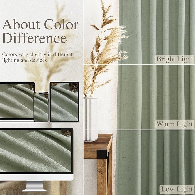 Desert Sage Linen Curtains 80 Inch Length for Living Room Light Filtering Semi Sheer Curtain Back Tab Rustic Farmhouse Decor Elegant Luxury Boho Drapes for Bedroom Dinner Room 52x80, 2 Panels