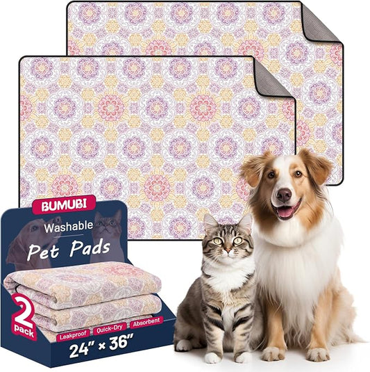 Washable Dog Pee Pads - Absorbent Reusable Puppy Training Pads, Waterproof Leak - Proof & Non - Slip for Crate Whelping Potty Training 24x36 (Pack of 2)